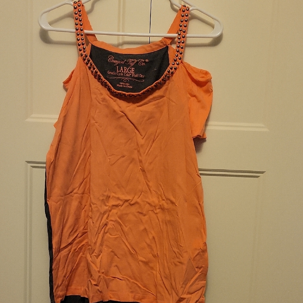 NWT Large Cowgirl Tuff Coral Cold Shoulder Short Sleeve Tee w/ Studded Neckline
